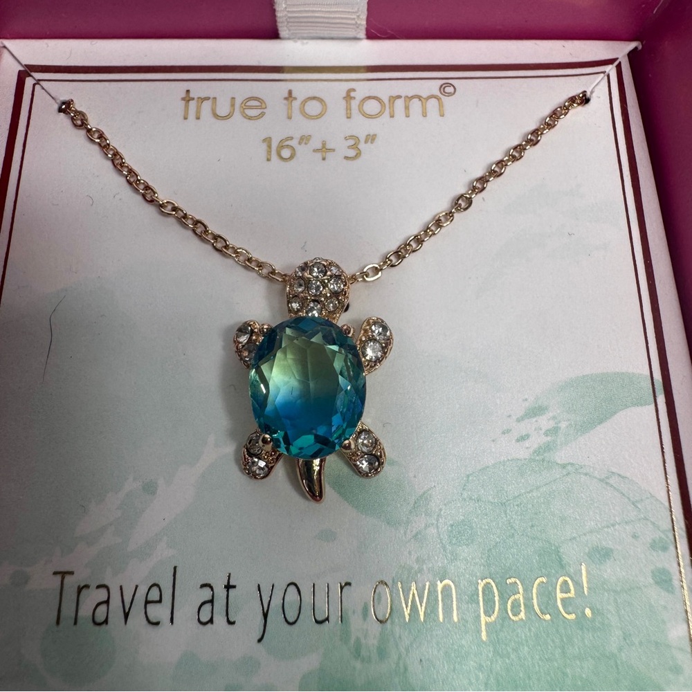 NWT. True to Form Turtle gem stone necklace Hand Cut Blue Stone Turtle Necklace